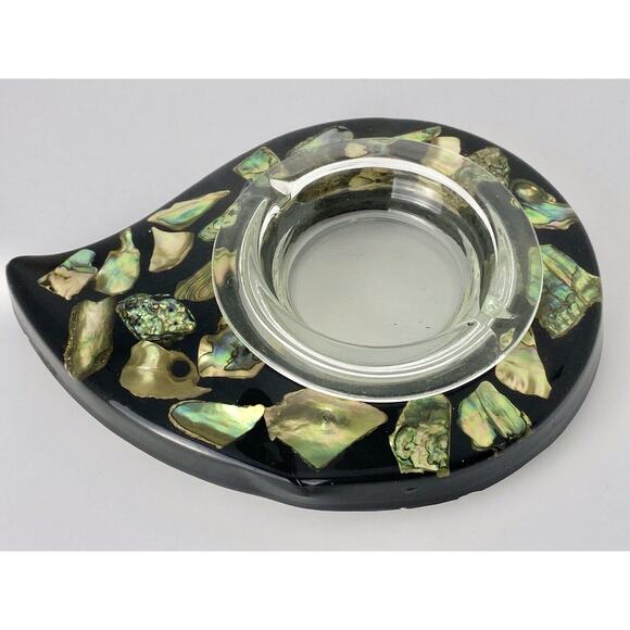 Vintage Retro Epoxy Clear Glass Ashtray Dish Abalone Shell 8" - Picture 1 of 7